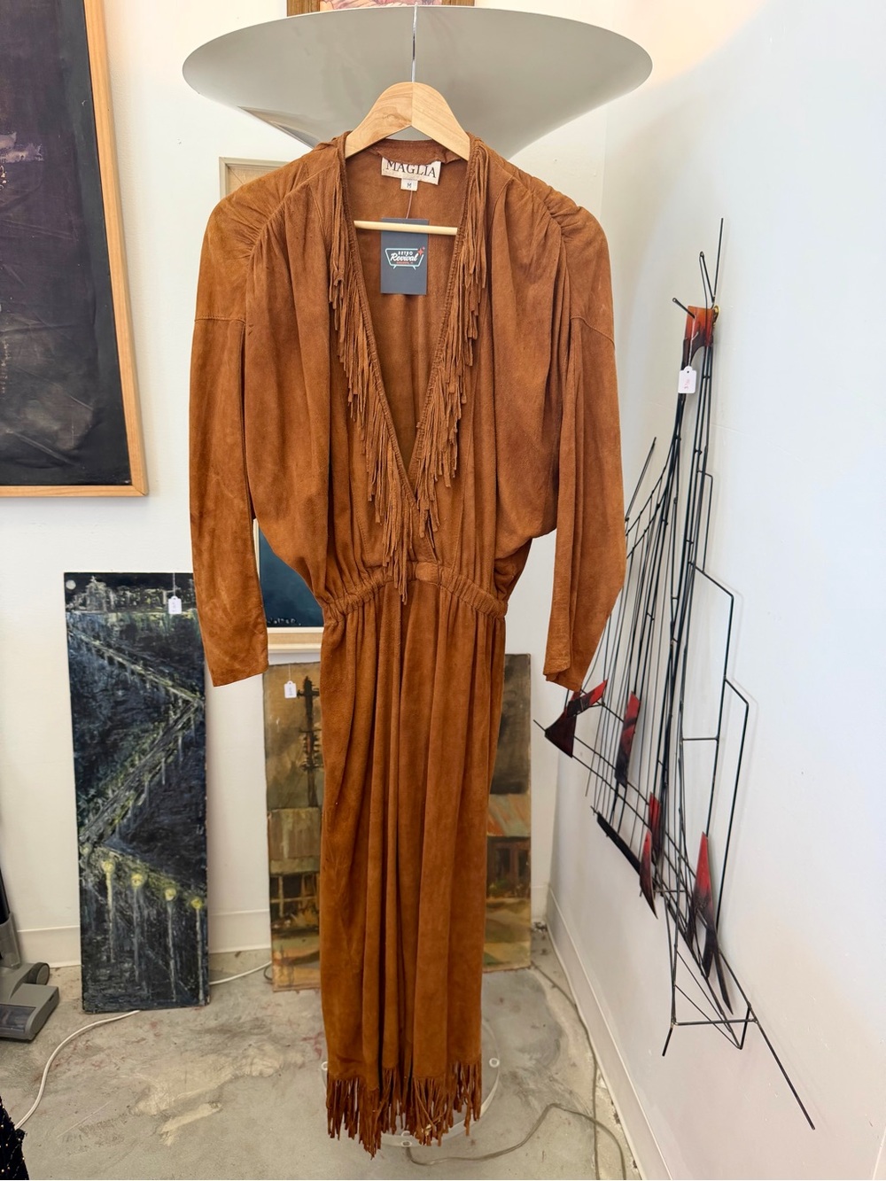 Vintage Maglia Suede Fringe Maxi Dress in Brown